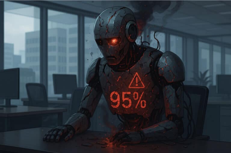 Crumbling AI robot in office showing 95% failure