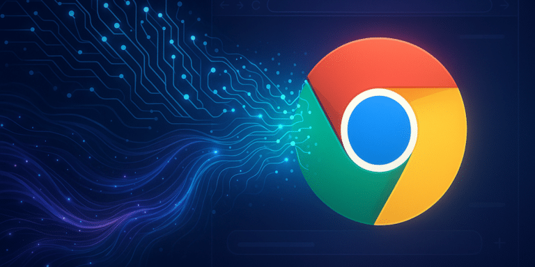 Chrome logo with digital circuits and glowing effects