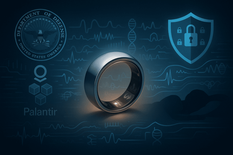 Oura Ring glowing with data, shield, and surveillance